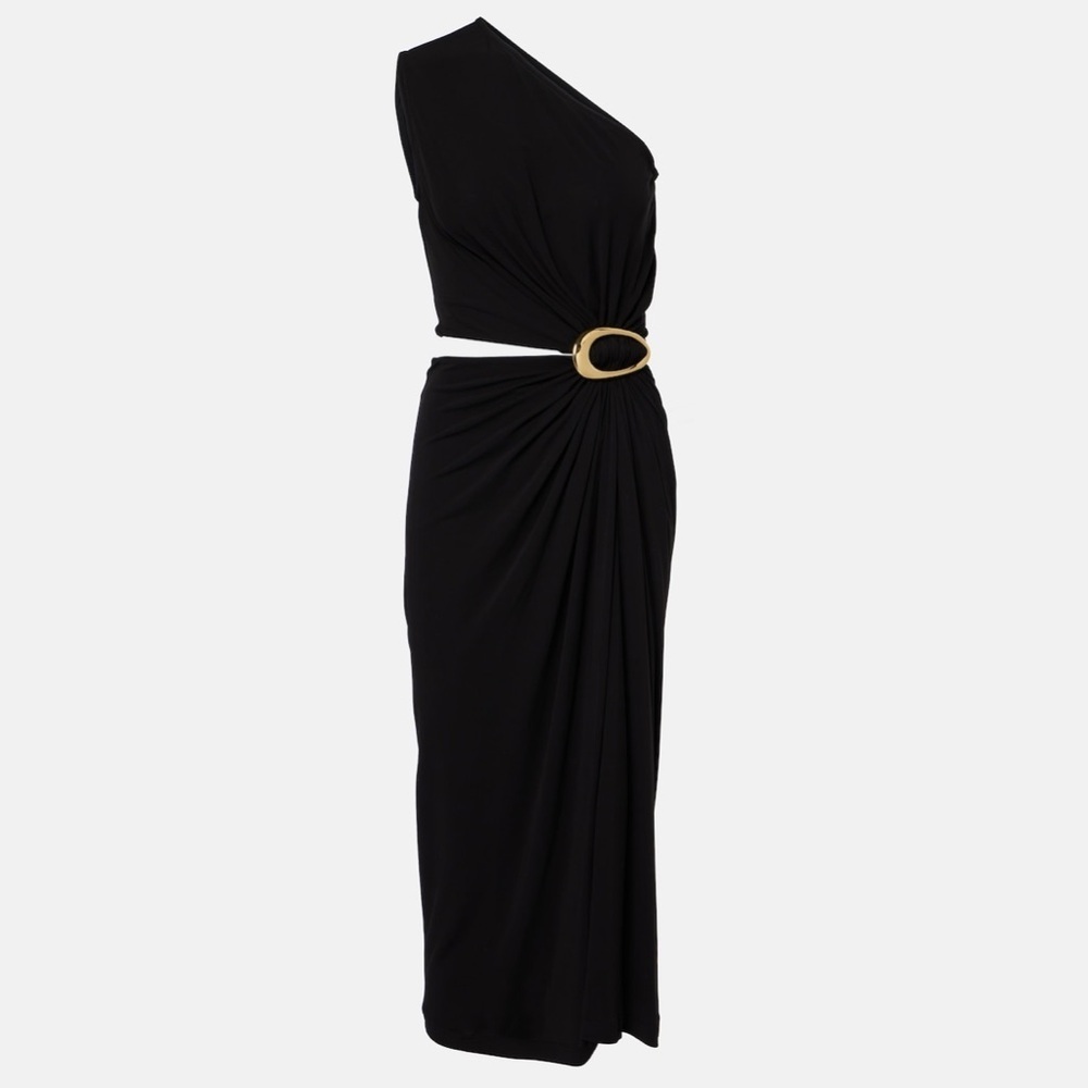 Bottega Veneta Cut-Out Gathered Black Midi Dress with Gold Embellishment NEW - Picture 6 of 13
